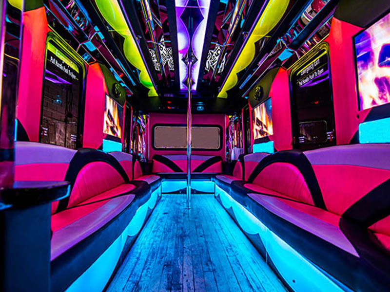 Inside a pink party bus
